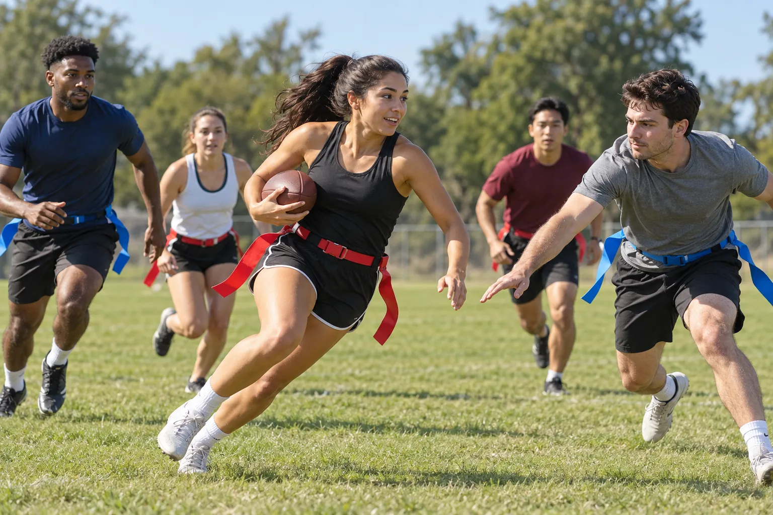 Illustration: Young adults take part in flag football game on grass with flag belts.
