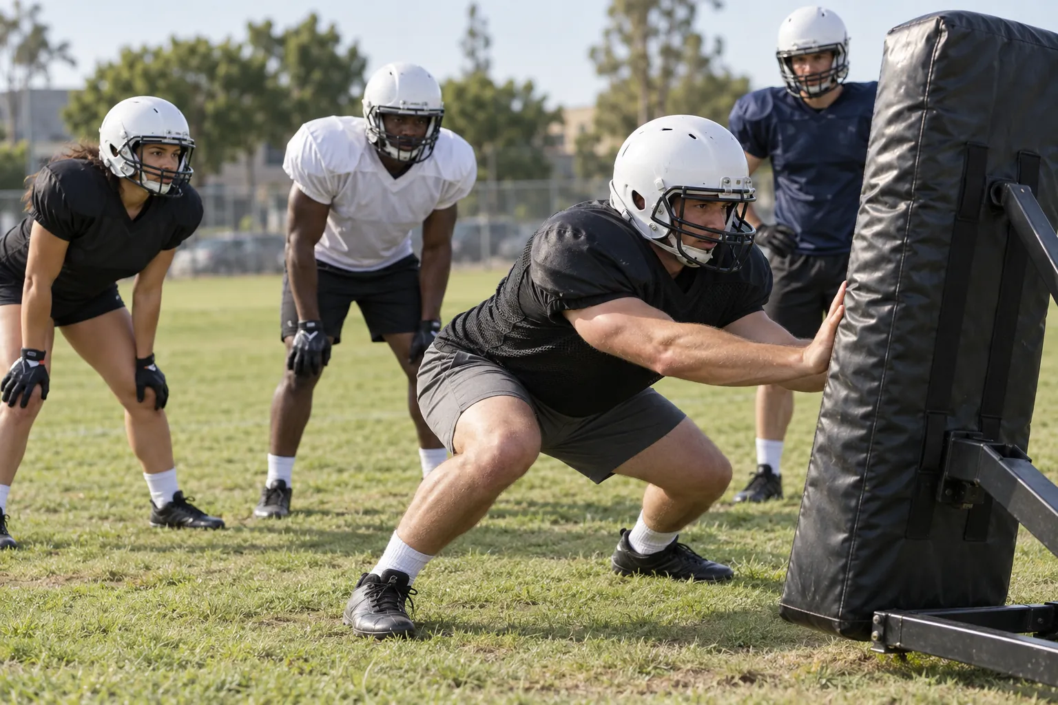 A young adult football player practices a safe blocking stance against a padded tackle sled as teammates watch on a community field.