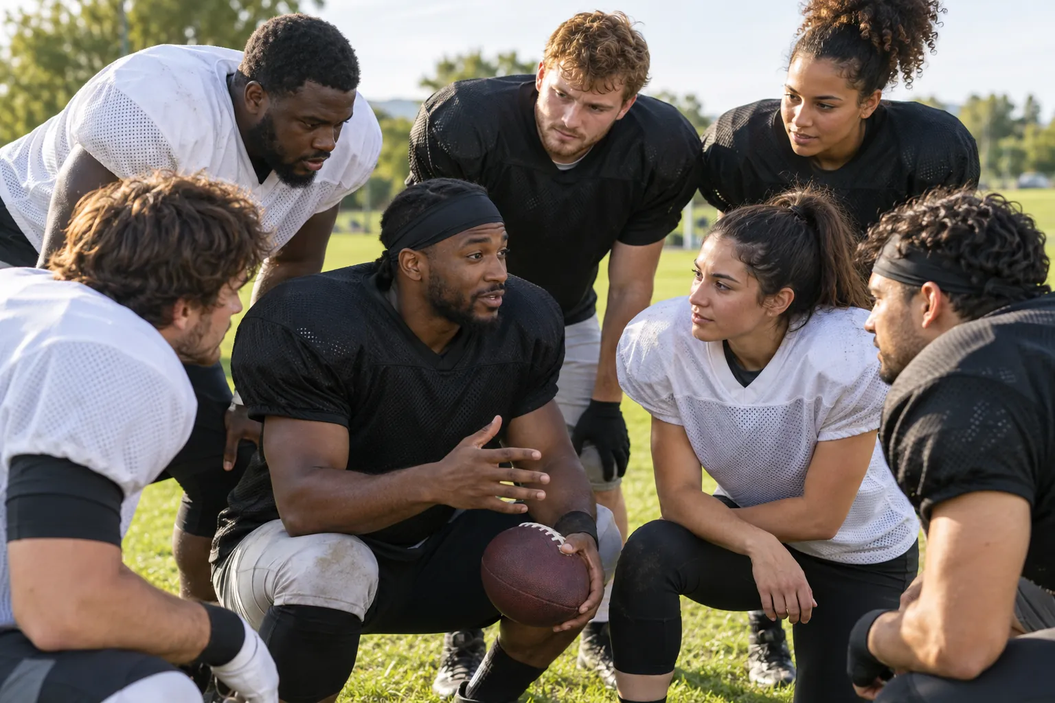 A mixed group of young adult teammates huddles on a sunny community field around a football between recreational drills.