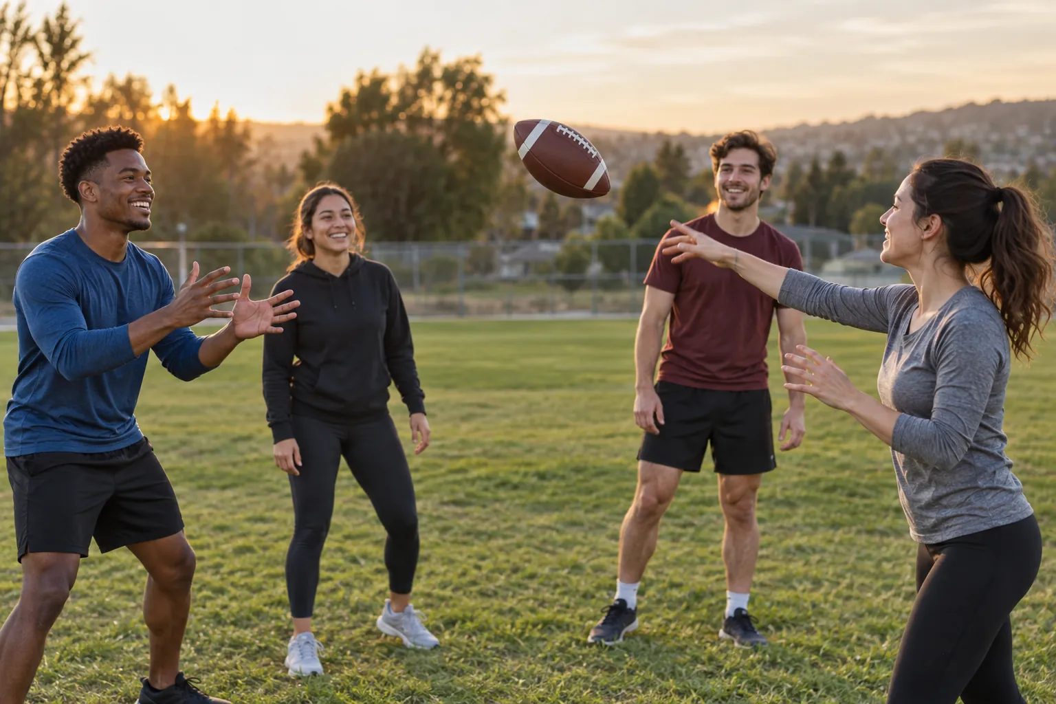 Illustration: Young adults toss a brown American football during a relaxed warm-up on a community field.