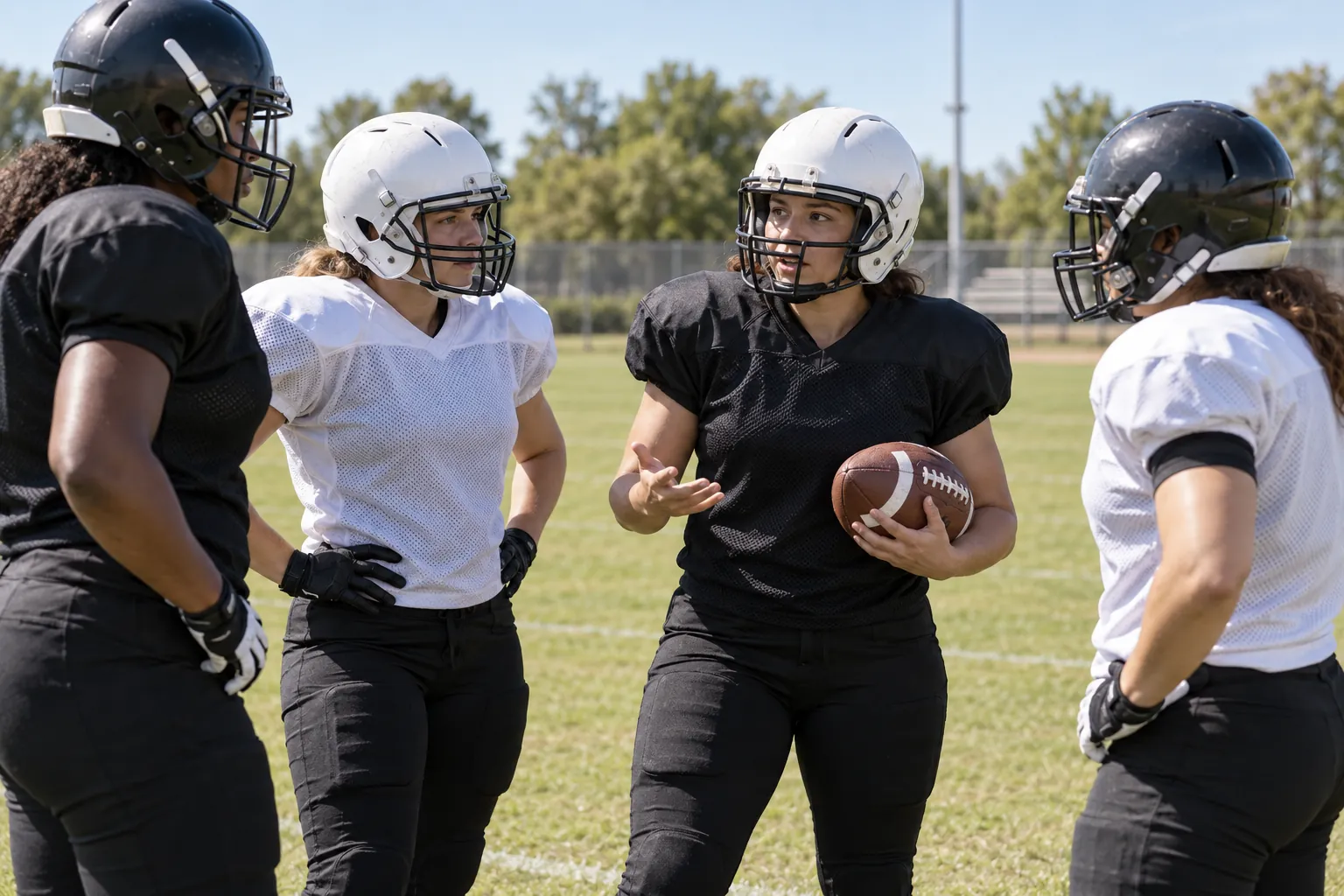Illustration: Young adult women wearing plain football helmets and pads talk between recreational practice drills while one holds a brown football.