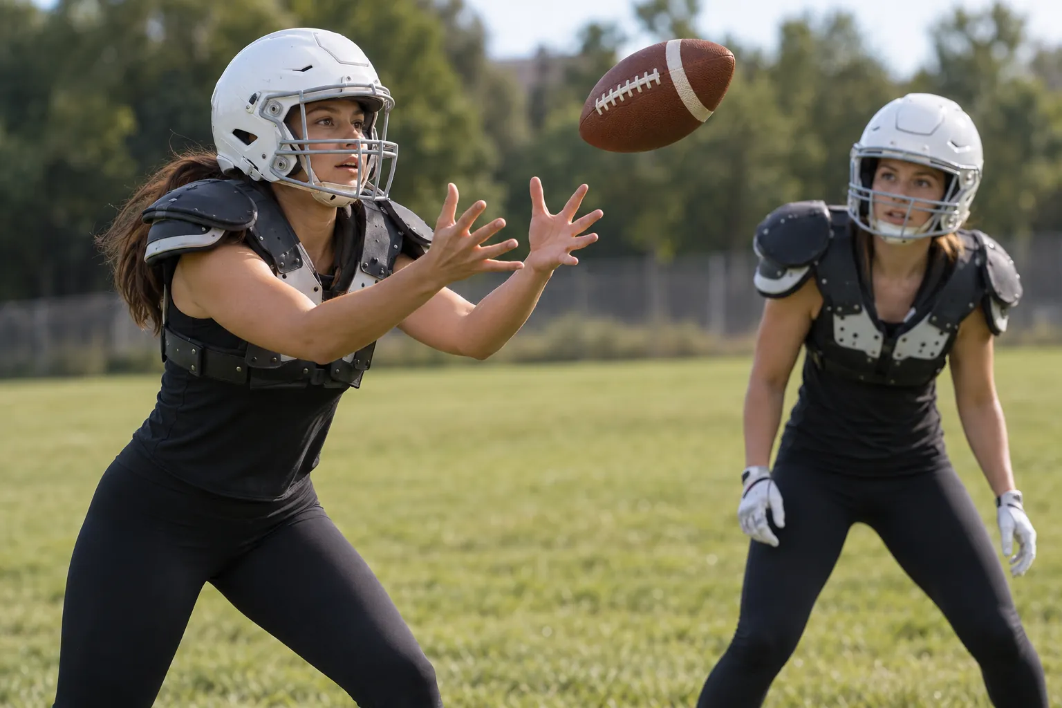 Illustration: A young adult woman catches a football during a helmeted recreational practice as her teammate watches.