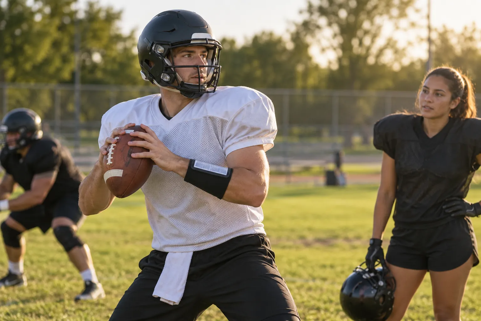 Illustration: A young adult quarterback holds a football during a casual community field practice with teammates nearby.