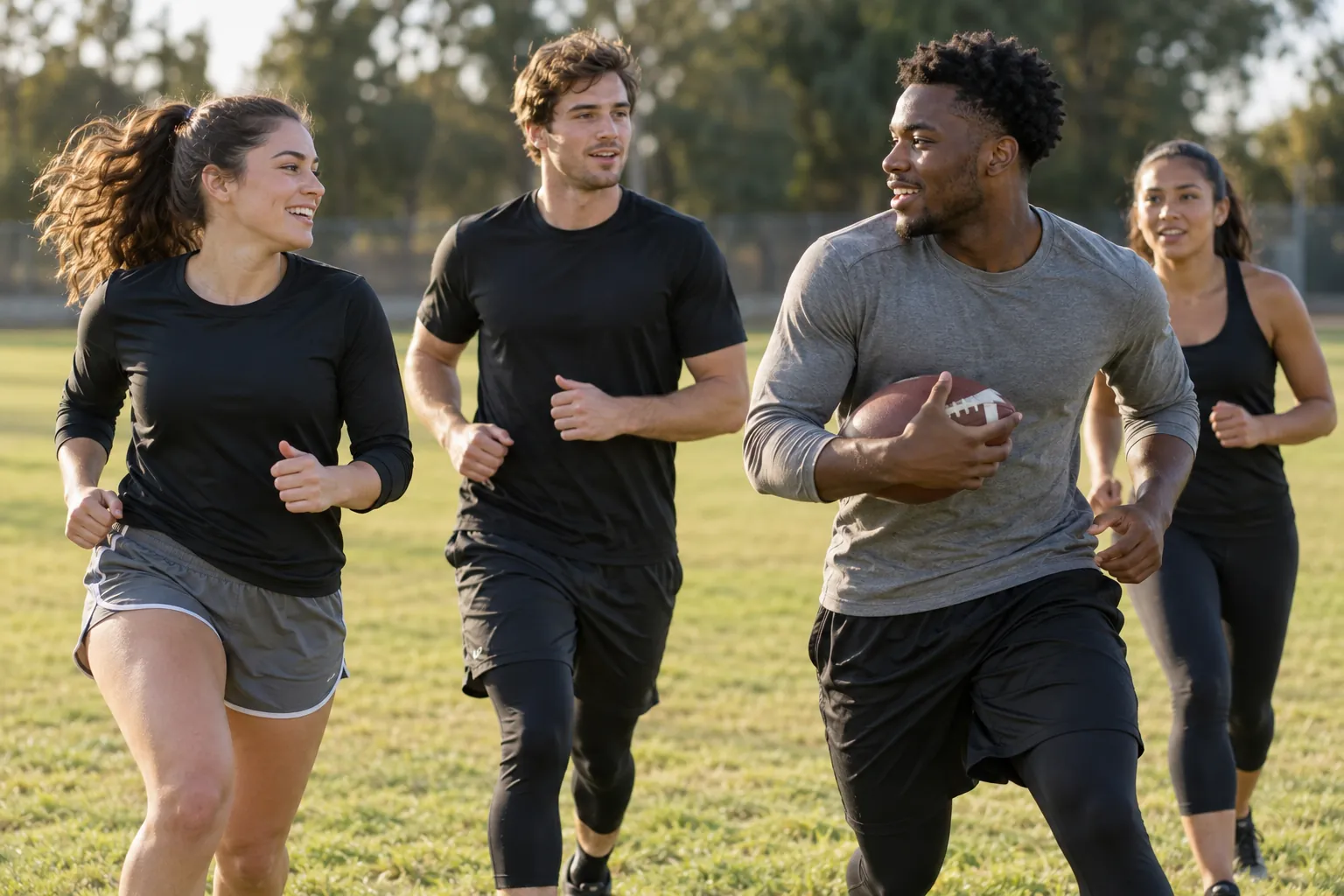 Illustration: Young adults jog through a relaxed warm-up drill on a community field with a football.