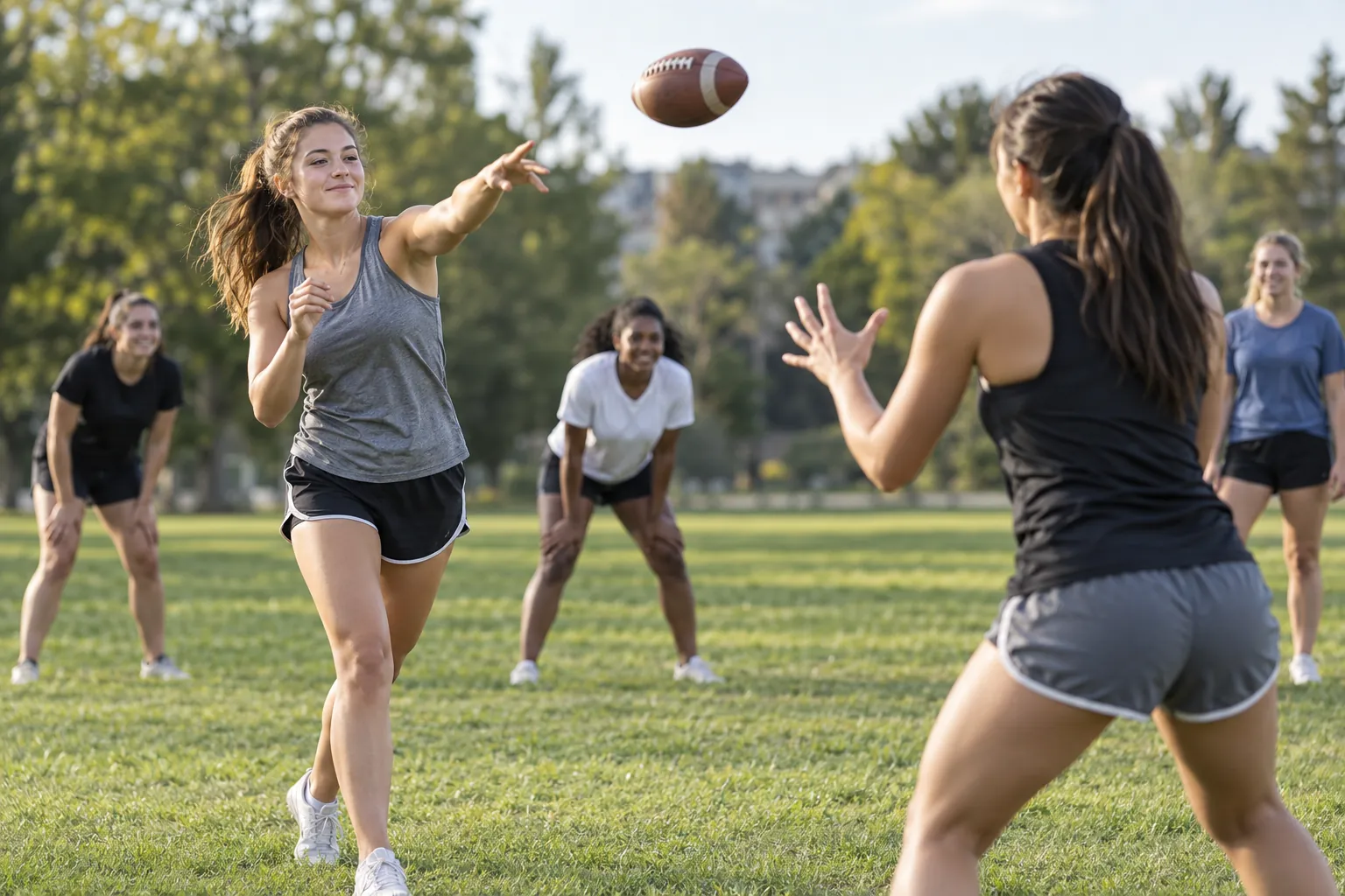 Illustration: Two young adult women practice a pass and catch with an American football on a sunny community field.