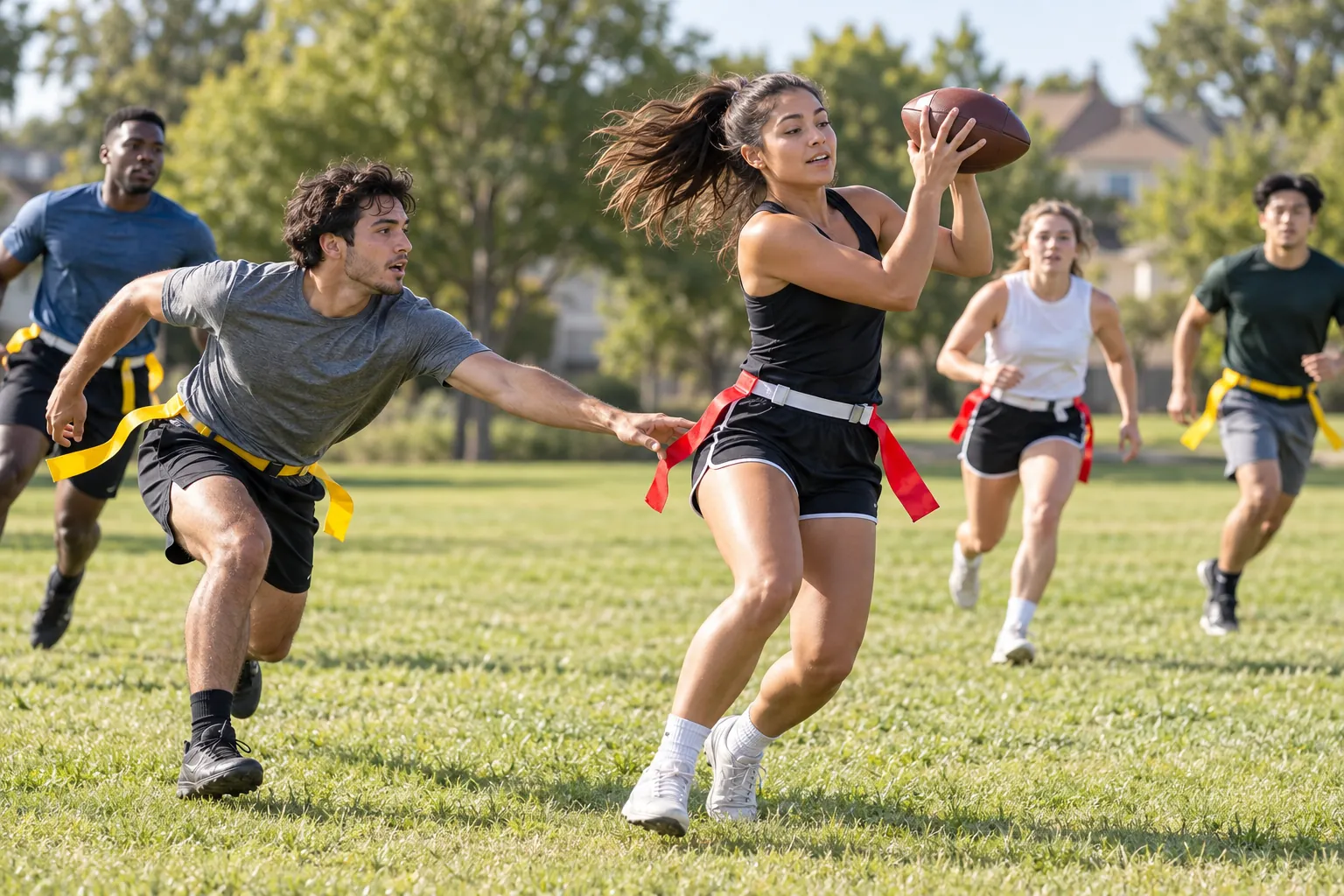 Illustration: Young adults take part in flag football game on grass with flag belts.