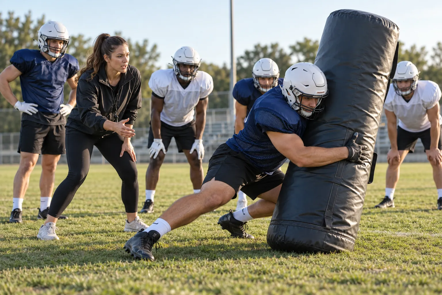 Illustration: Young adults take part in American football tackle practice in plain helmets and pads.
