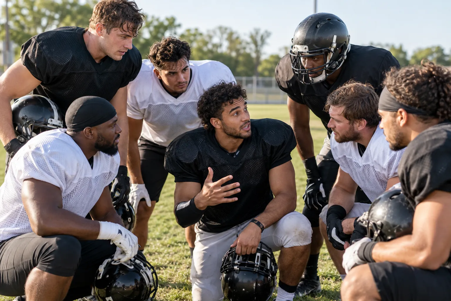 Illustration: Young adults take part in adult American football teammates in a short huddle.