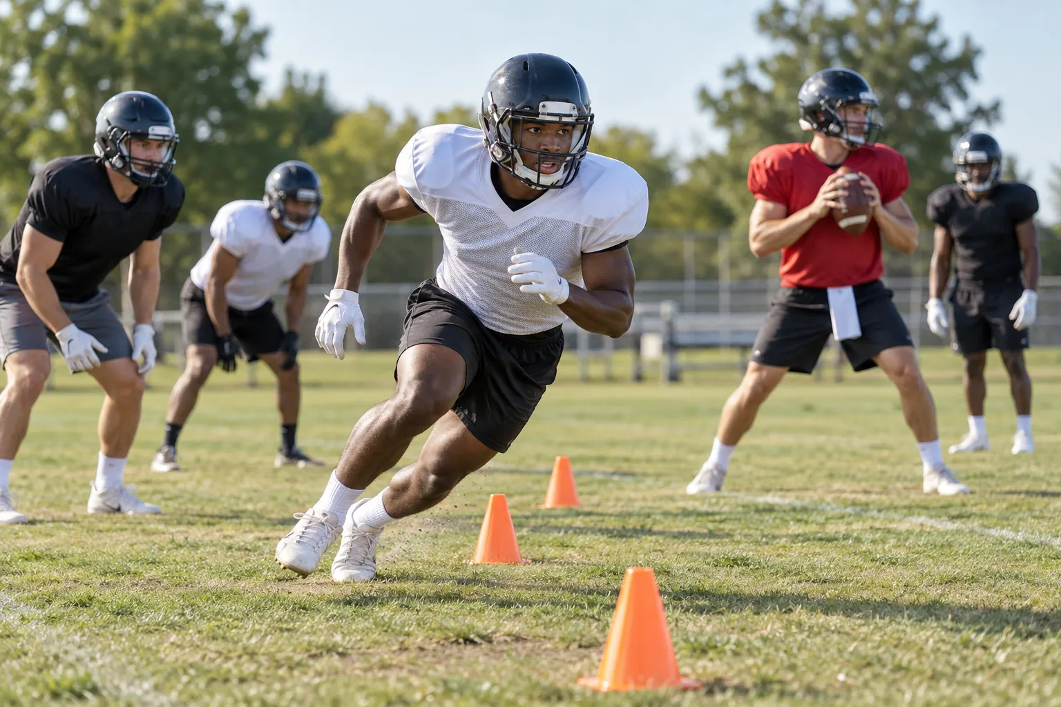 Young adults take part in American football warm-up drills on a practice field.