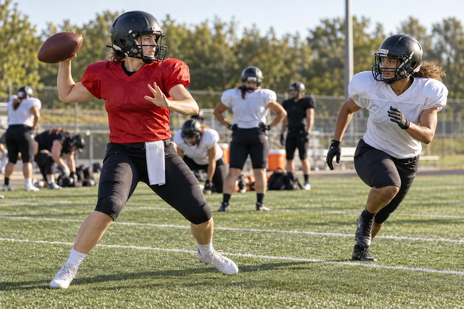 Illustration: Young adults take part in women's adult American football team practicing together.
