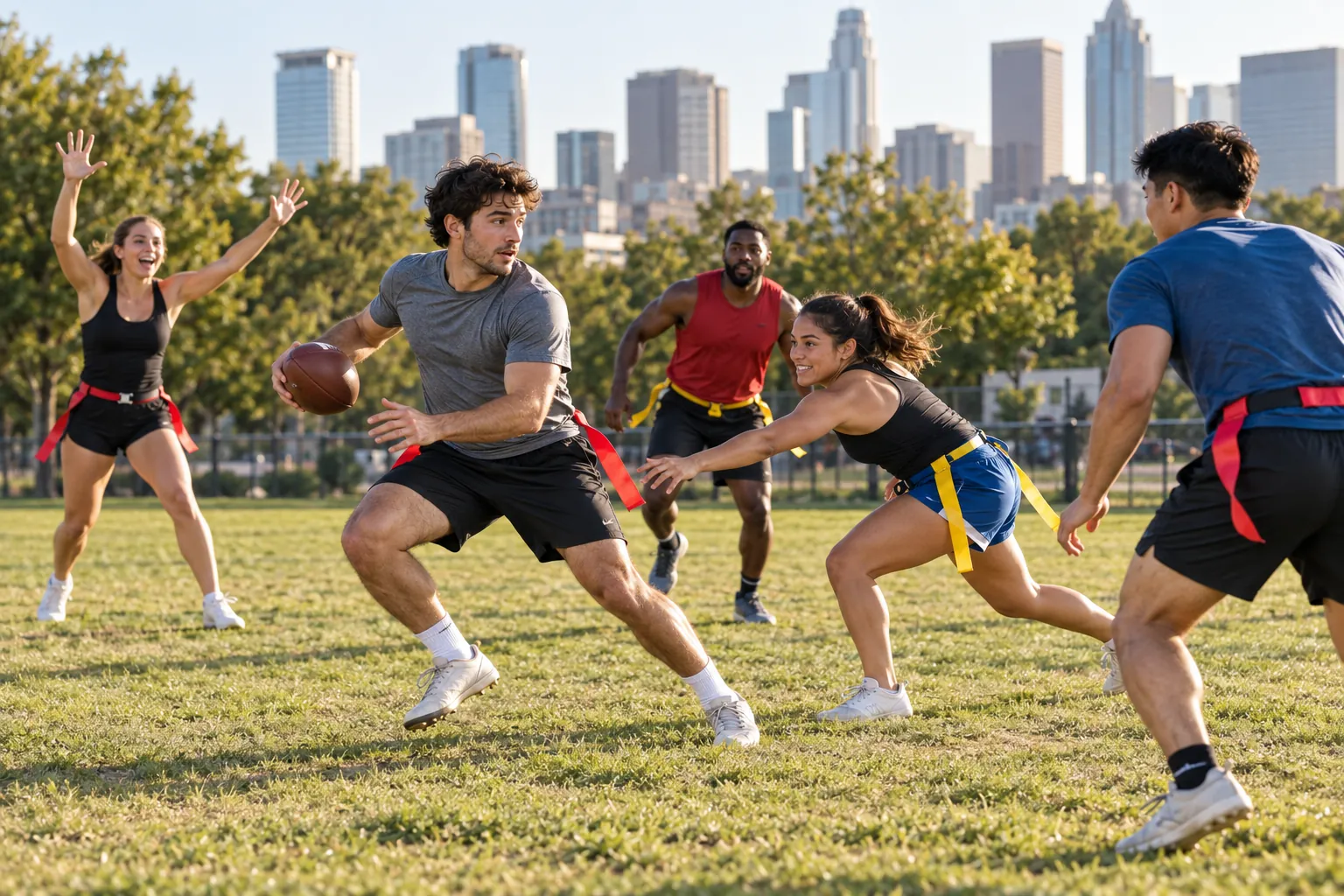 Illustration: Young adults take part in flag football game on grass with flag belts.