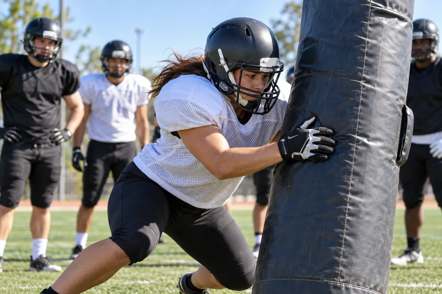 Illustration: Young adults take part in American football tackle practice in plain helmets and pads.