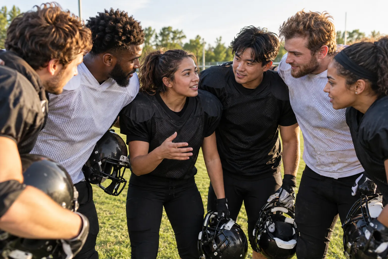 Illustration: Young adults take part in adult American football teammates in a short huddle.