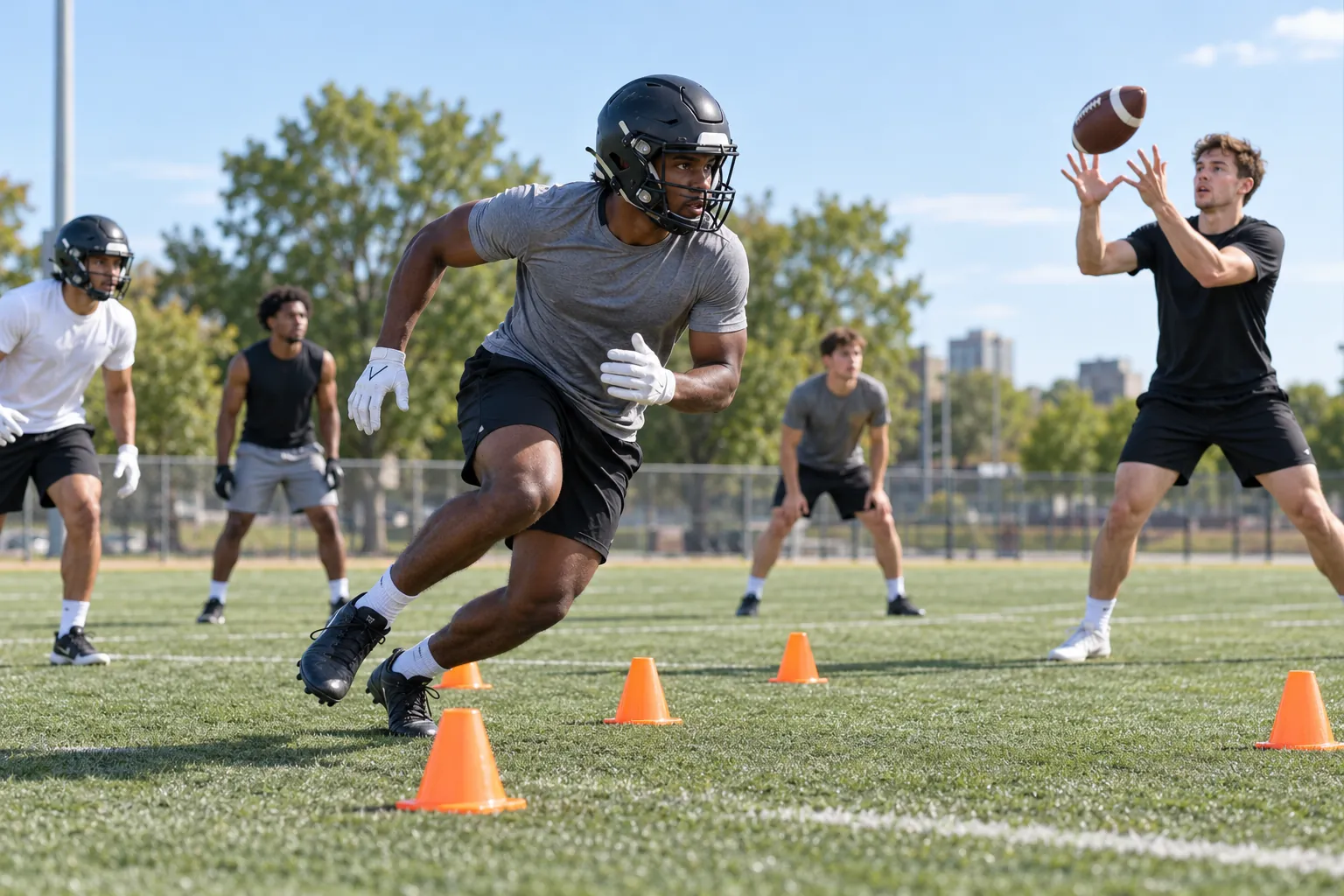 Illustration: Young adults take part in American football warm-up drills on a practice field.