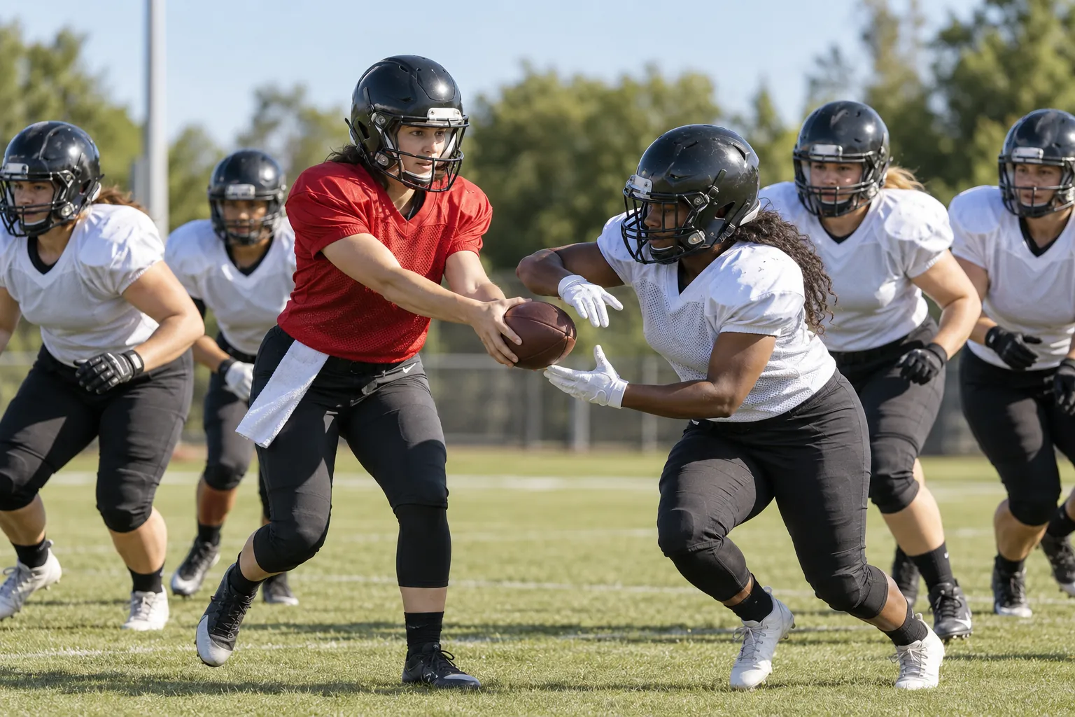 Illustration: Young adults take part in women's adult American football team practicing together.