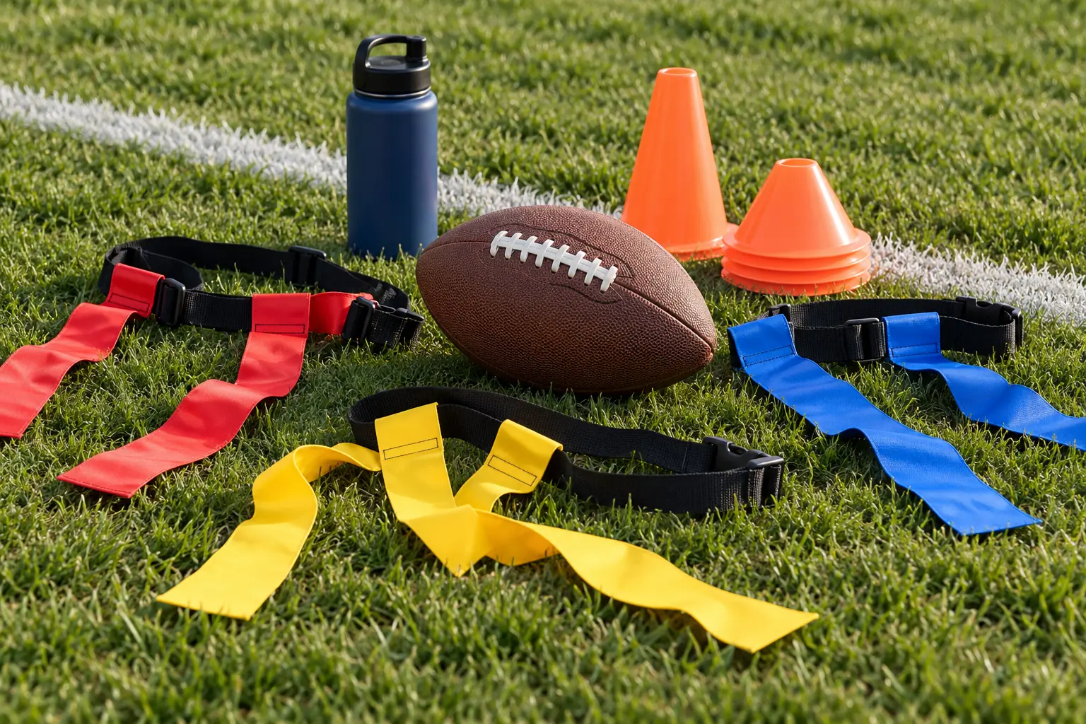 Illustration: Equipment for flag football game on grass with flag belts, arranged in an activity setting without people.