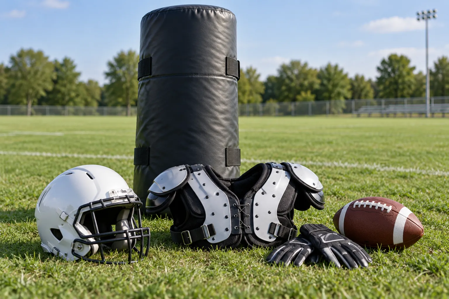 Illustration: Equipment for American football tackle practice in plain helmets and pads, arranged in an activity setting without people.