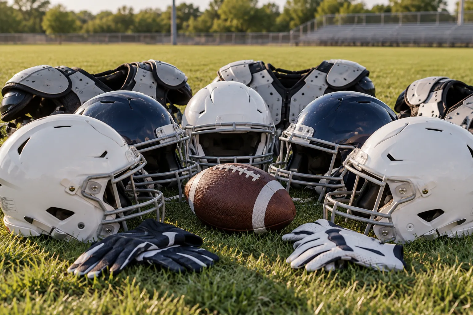 Illustration: Equipment for adult American football teammates in a short huddle, arranged in an activity setting without people.