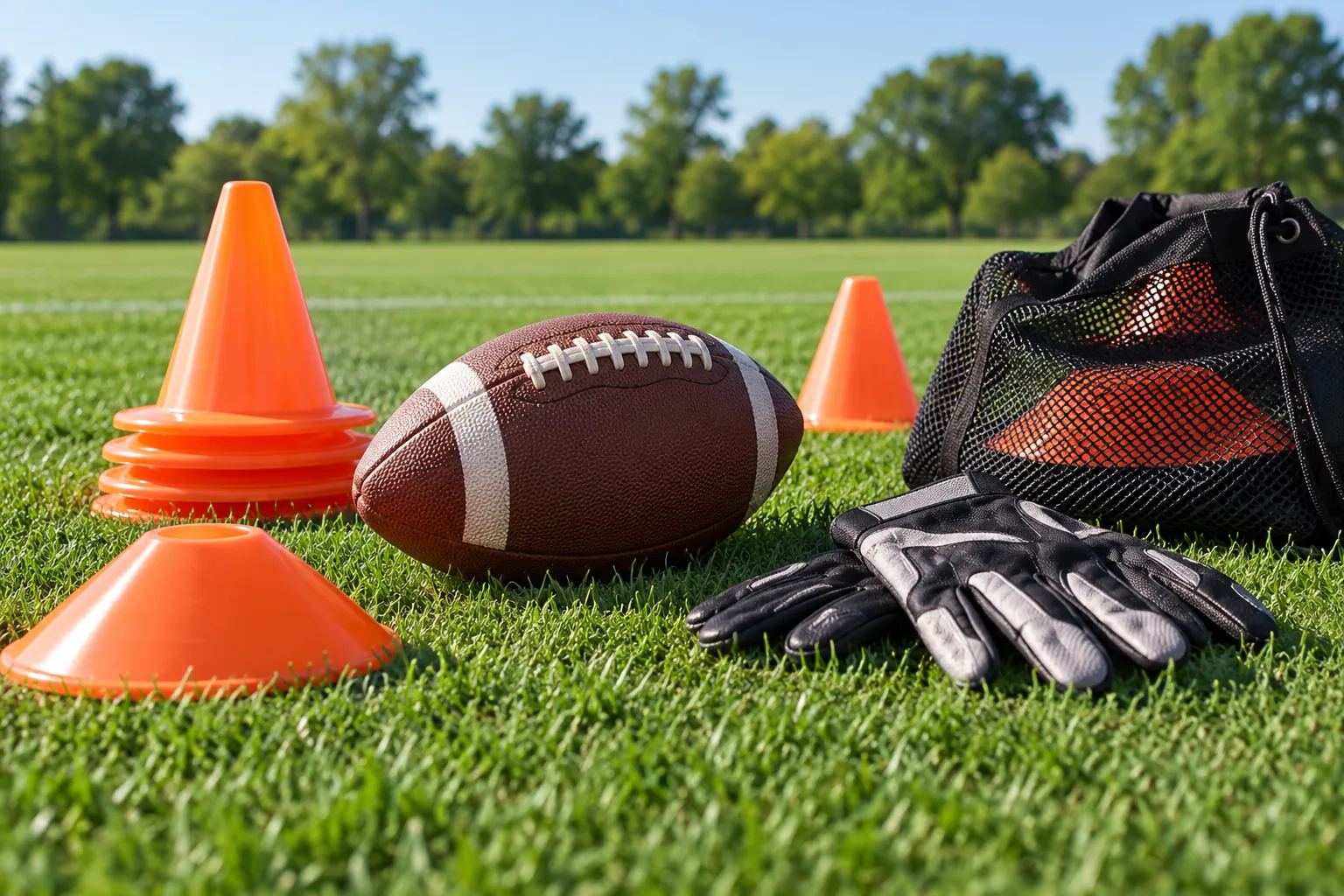 Illustration: Equipment for American football warm-up drills on a practice field, arranged in an activity setting without people.