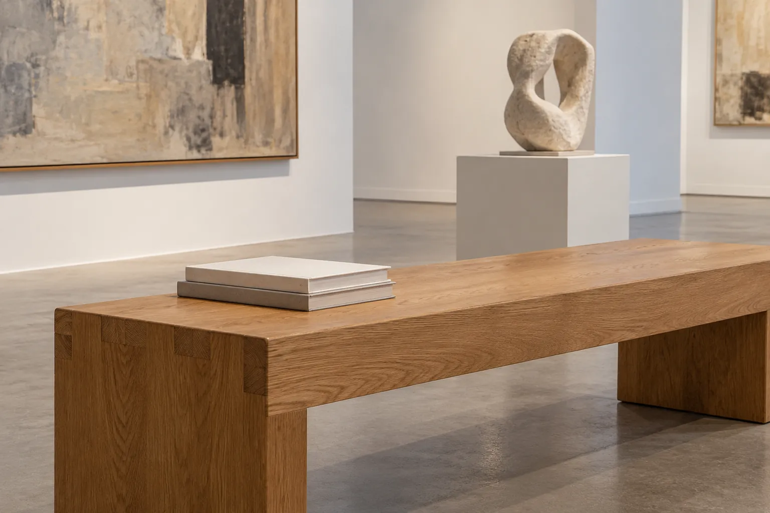 Illustration: An oak bench and plain catalogues facing an abstract clay sculpture.