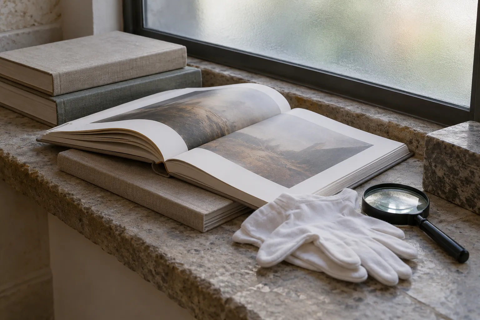 Illustration: Plain catalogues, cotton gloves and a magnifier on a stone ledge.