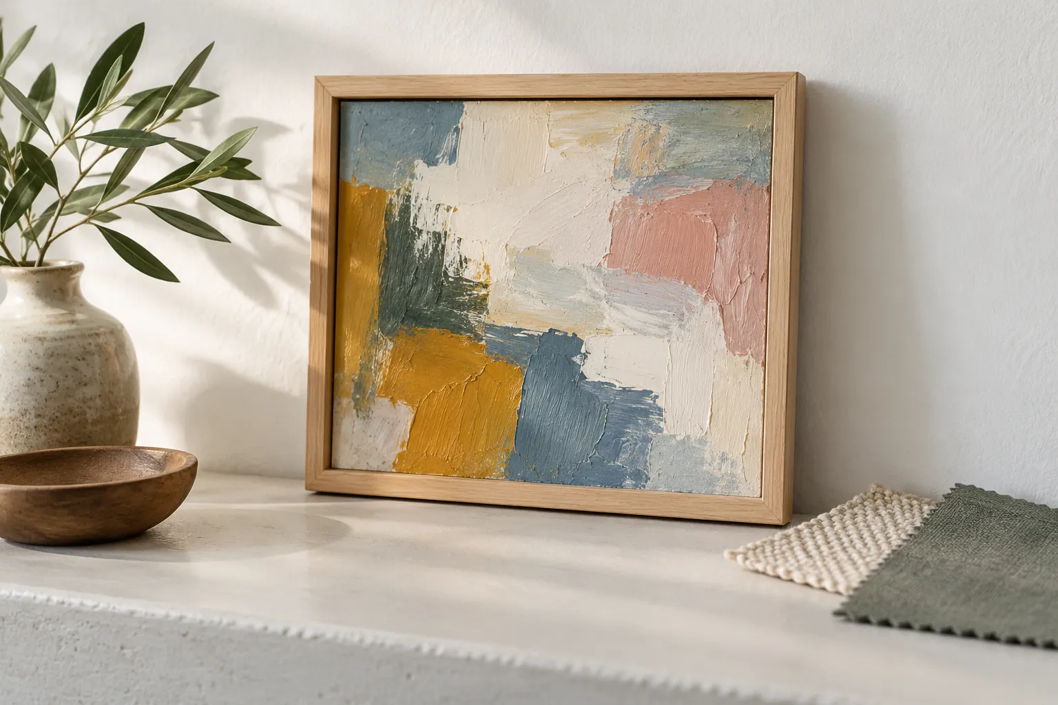 Illustration: A small abstract color study and material swatches on a shelf.