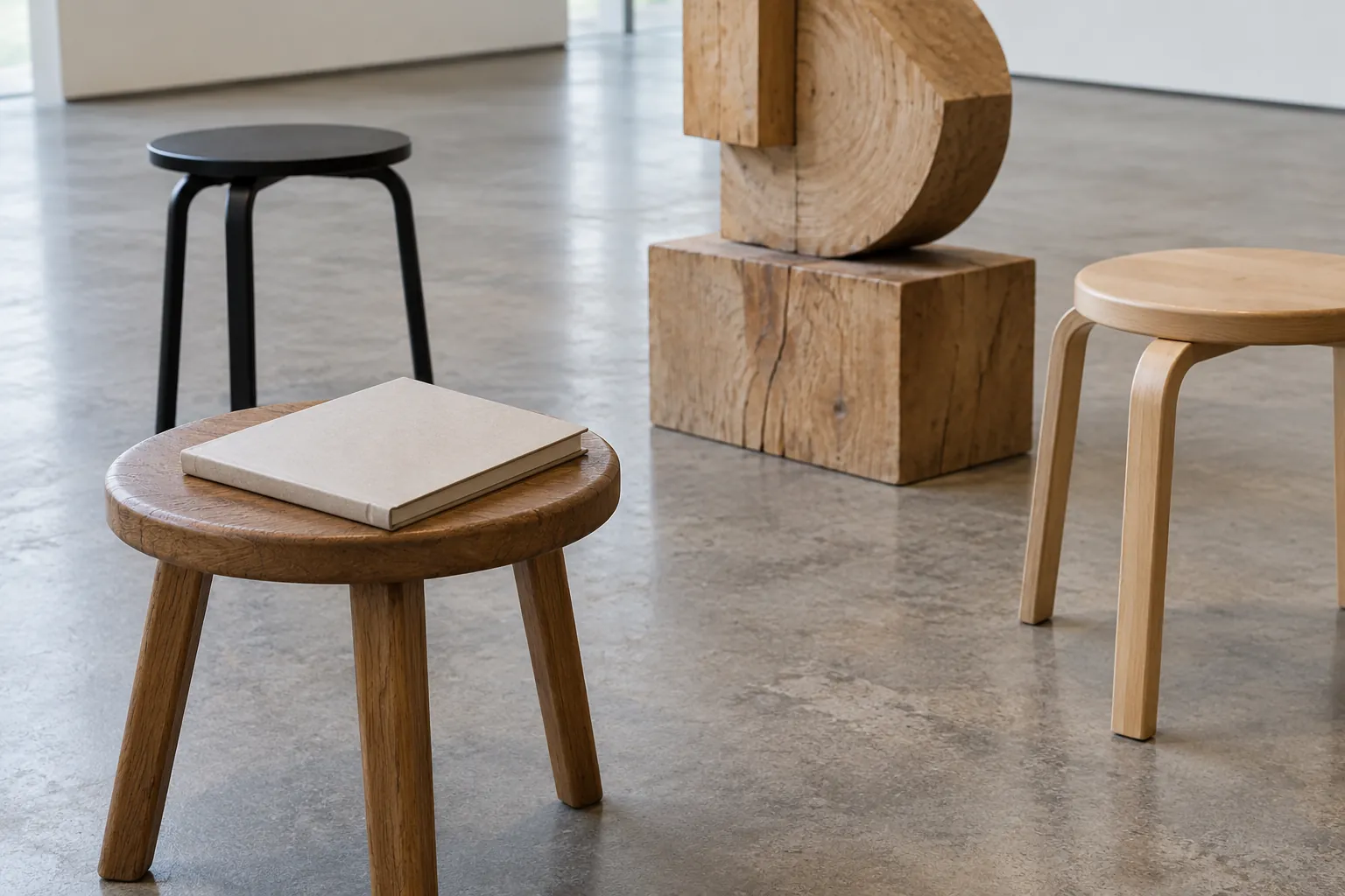 Illustration: Empty gallery stools beside a geometric wooden sculpture.
