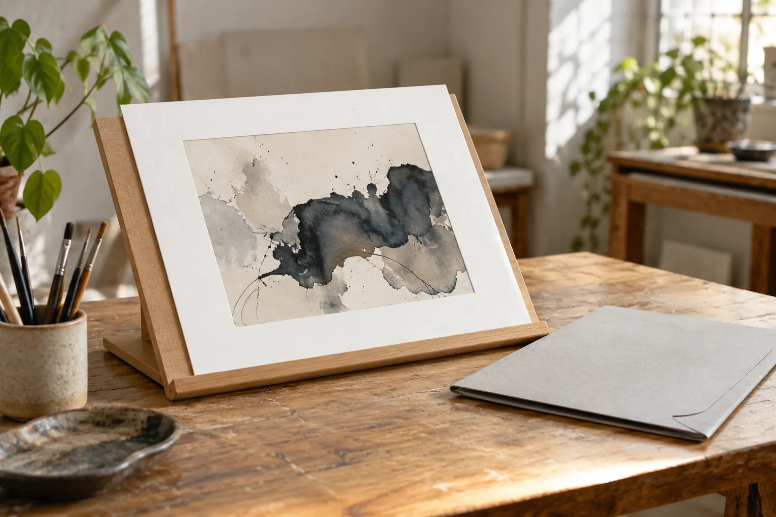 Illustration: An abstract ink impression on a print-viewing stand.
