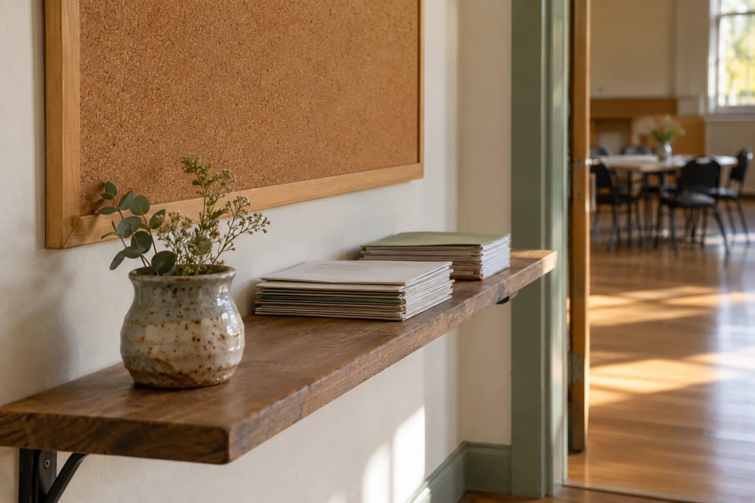 Illustration: Blank folded programmes and a ceramic vessel on a community-room shelf.