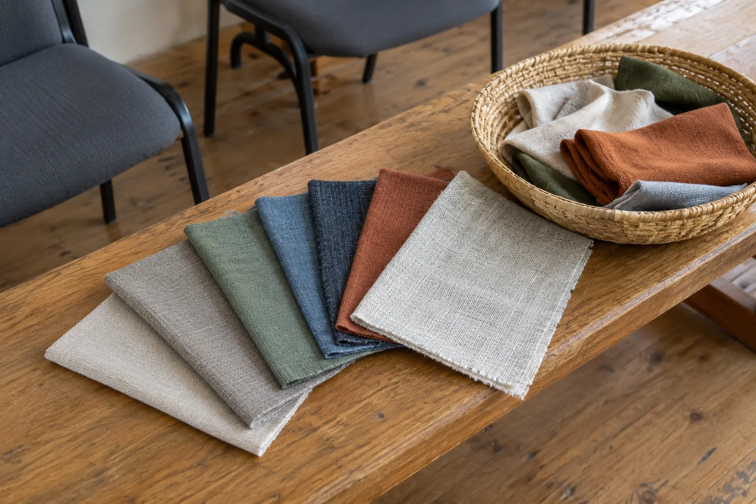 Illustration: Woven fabric samples and a basket on a community-centre bench.