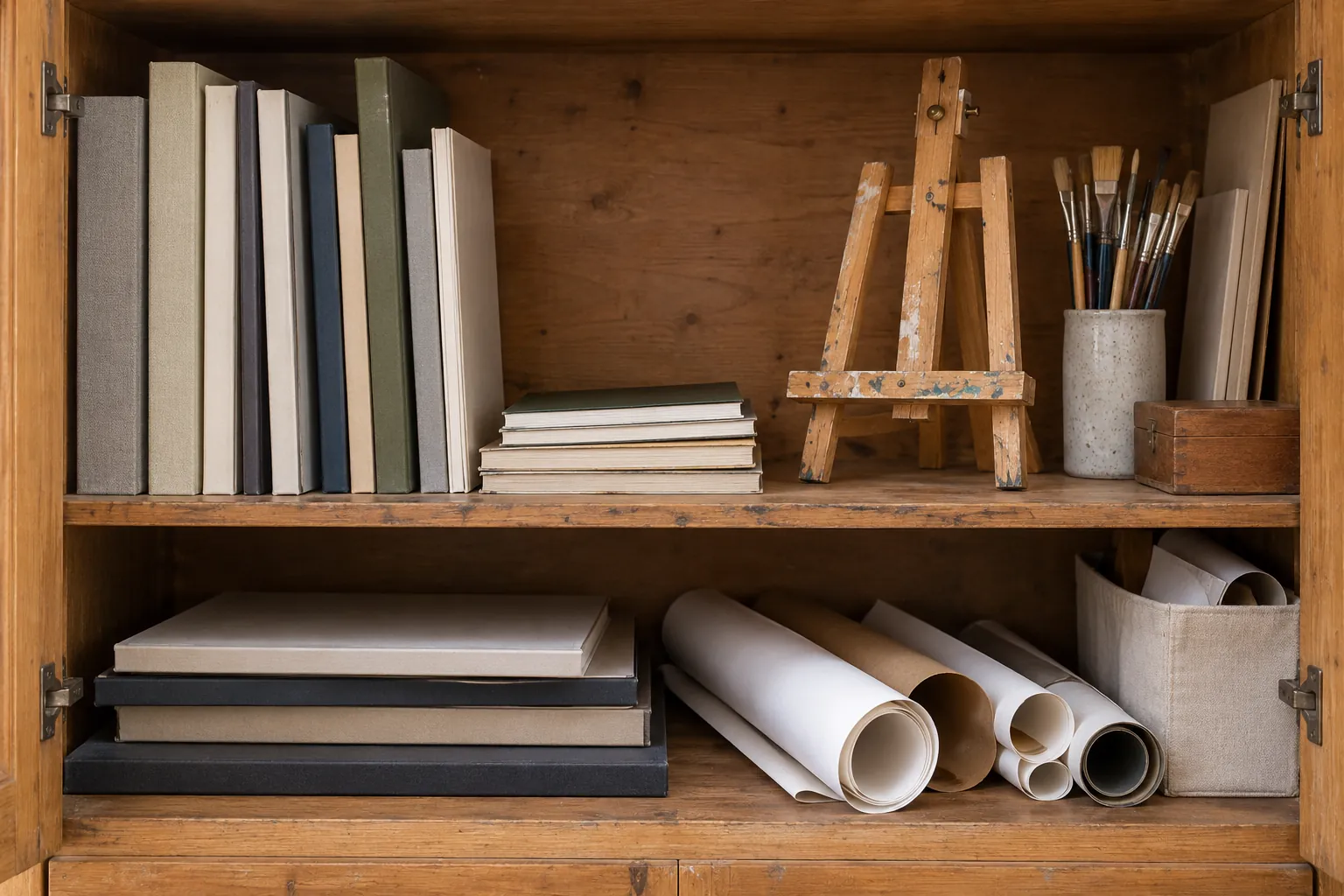 Illustration: Plain catalogues and display materials in an arts-centre cupboard.