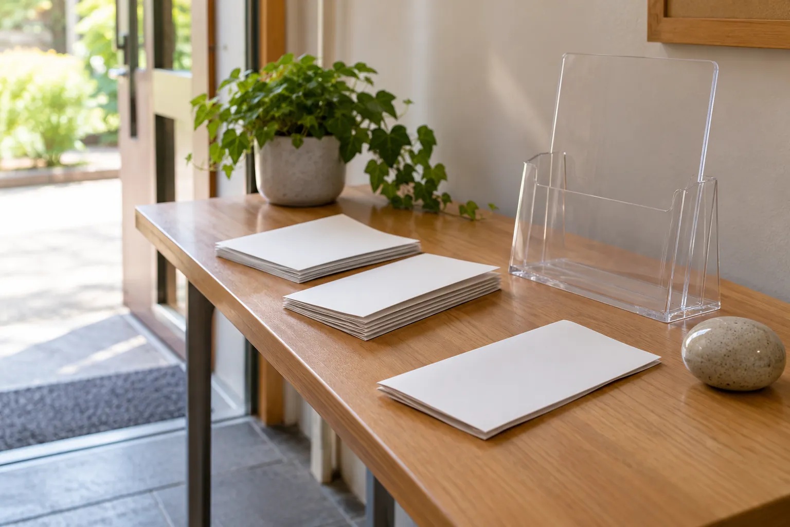 Illustration: Blank programmes and an empty brochure holder on an entrance table.