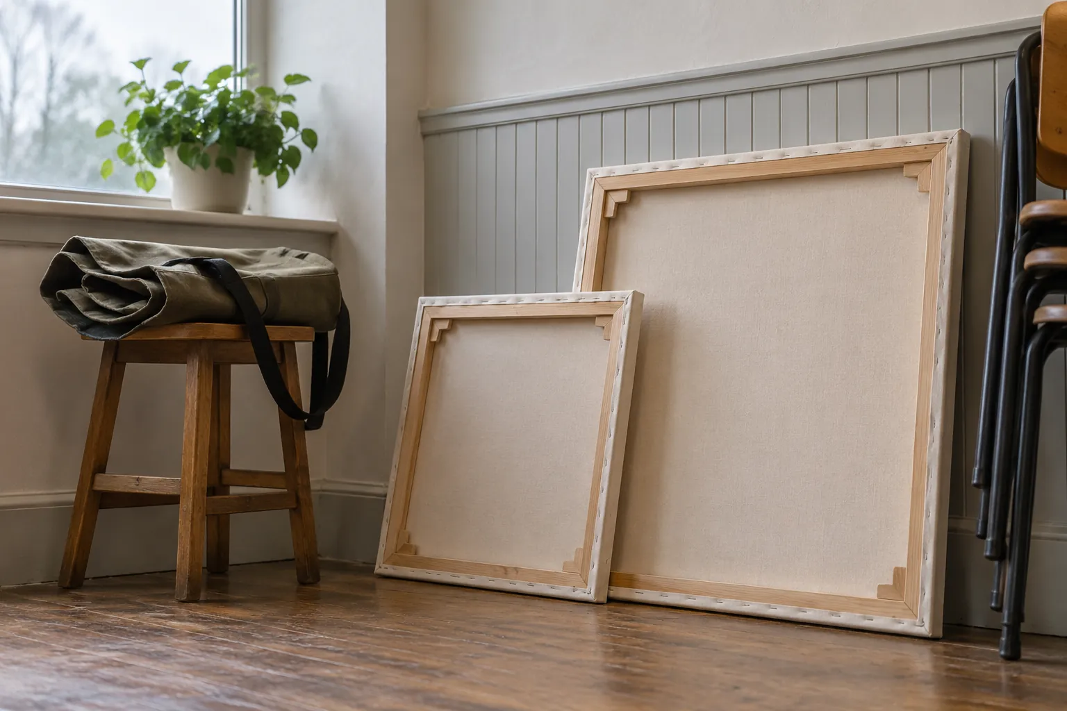 Illustration: Portable display frames and a canvas cover beside a stool.