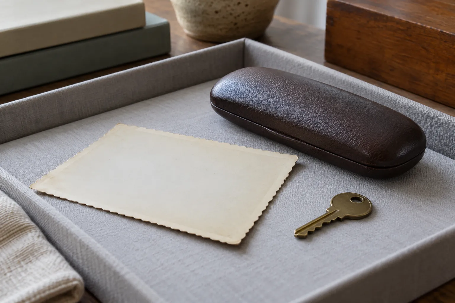 Illustration: A photograph mount, spectacles case and key on an archive tray.