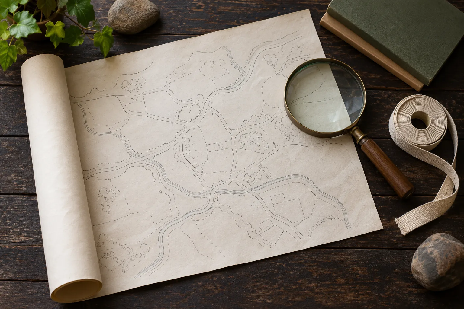 Illustration: An unlabeled map, magnifier and cotton tape on wood.