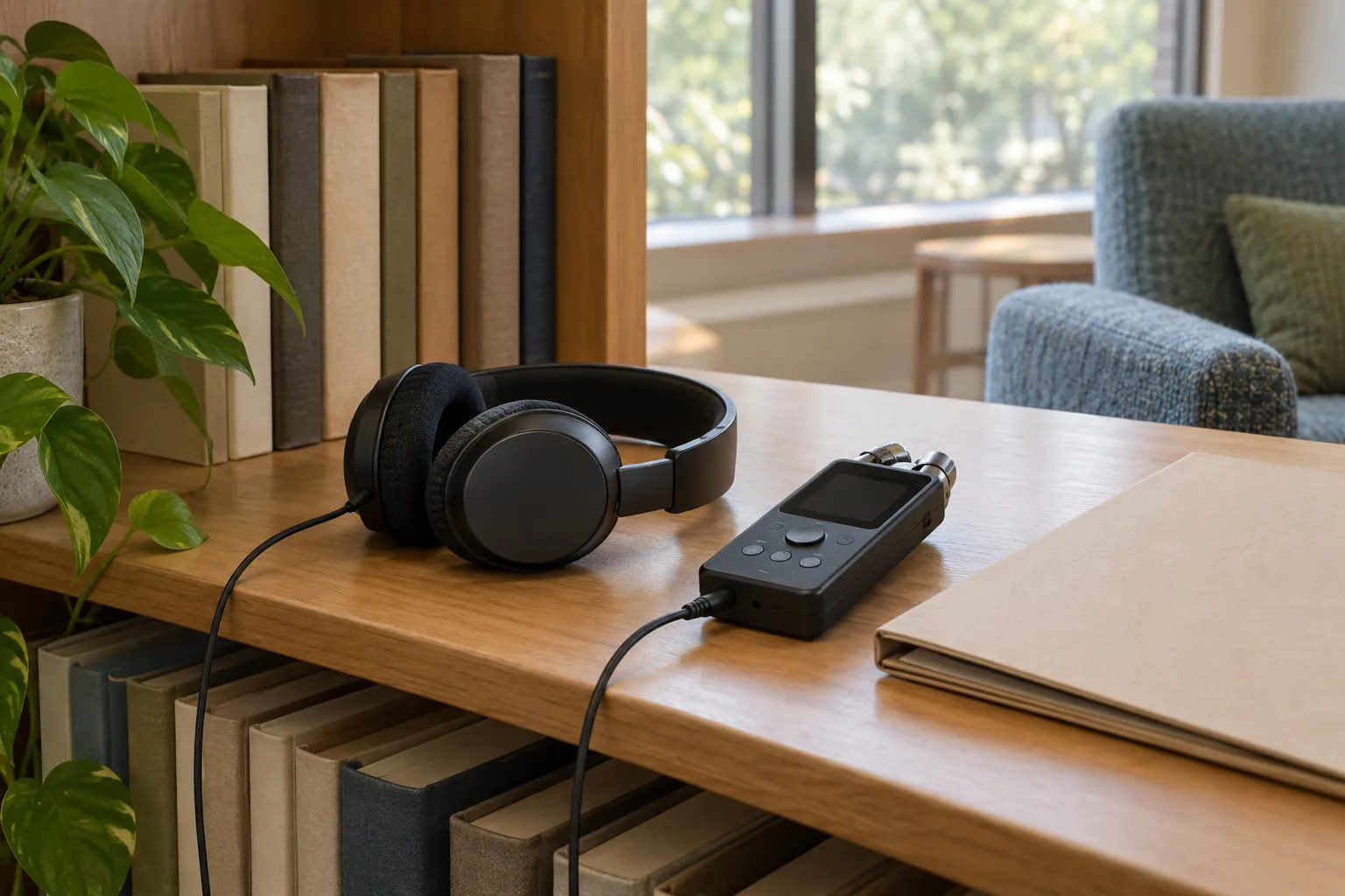 Illustration: An audio recorder and headphones beside a plain folder.
