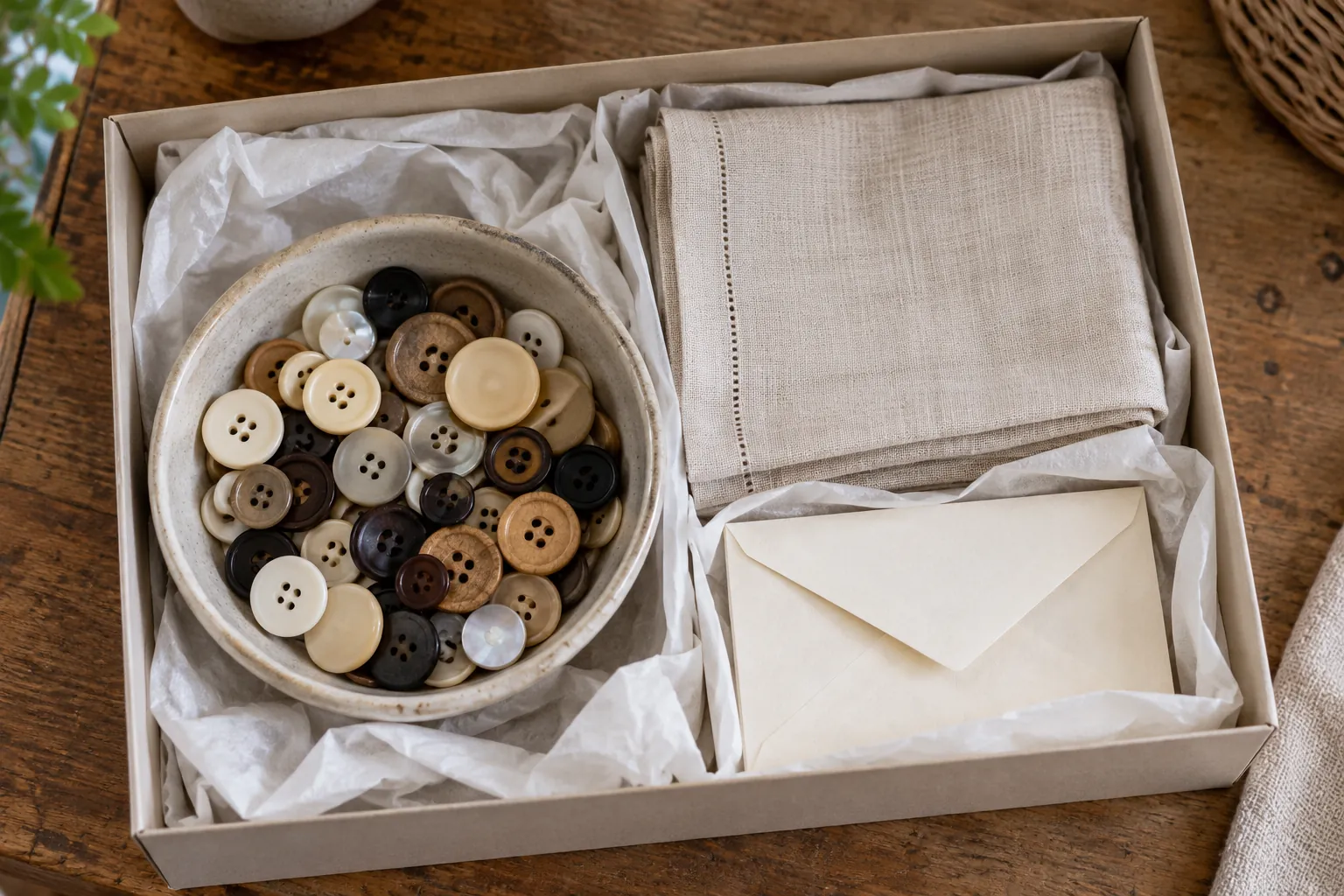 Illustration: Buttons, linen and an envelope in an archival box.