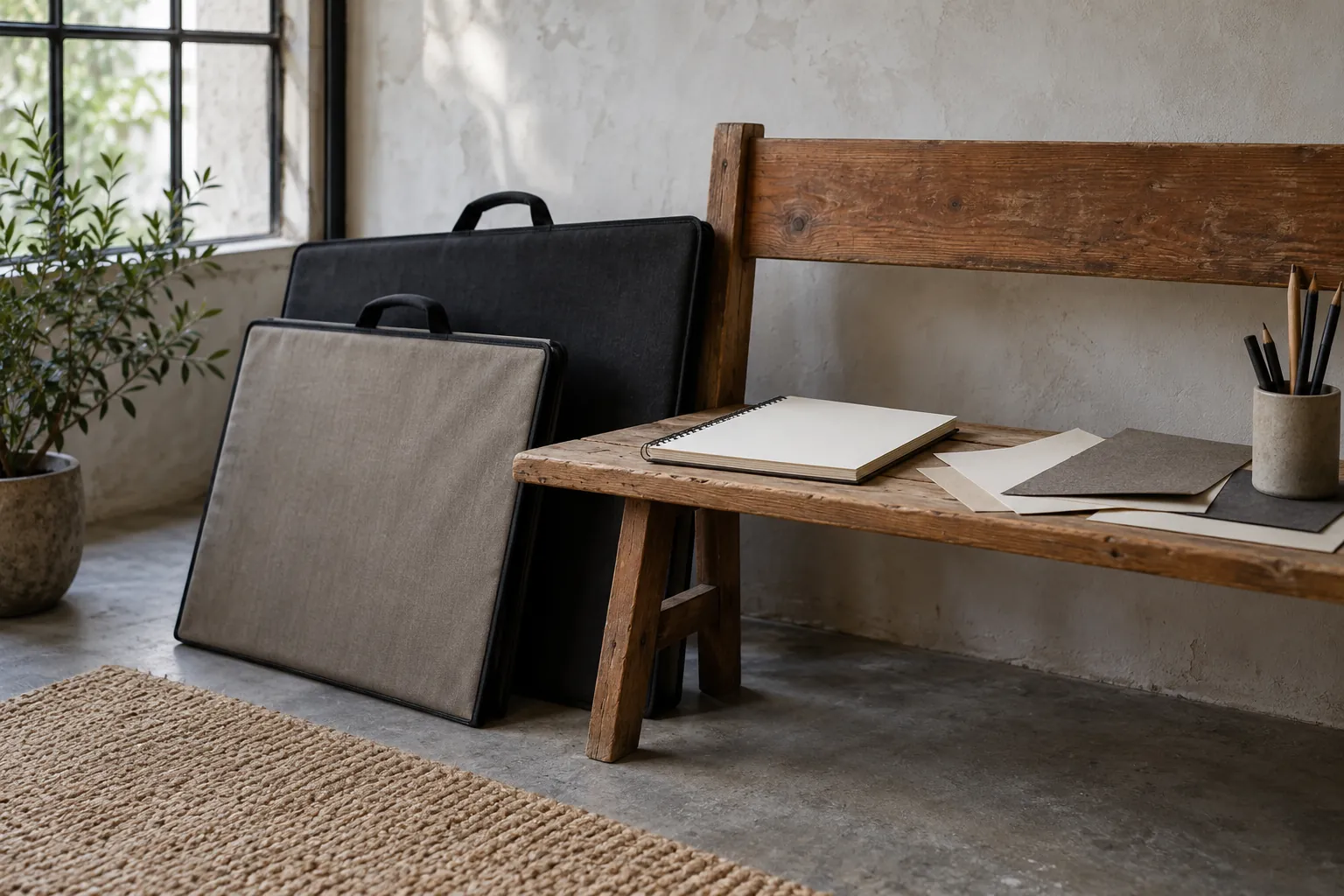 Illustration: Portfolio cases and paper samples at a studio bench.