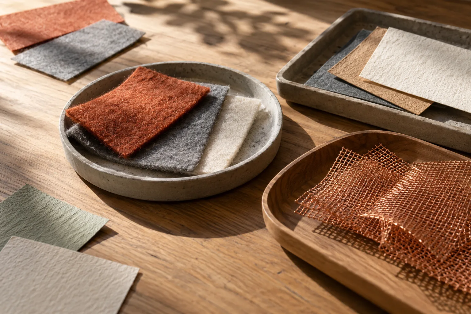 Illustration: Felt, copper mesh and card samples in shallow trays.