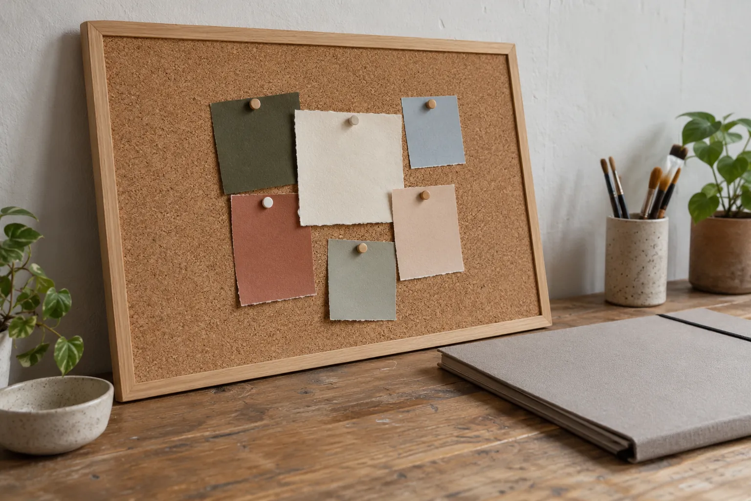 Illustration: Abstract color swatches on a pinboard beside a portfolio.