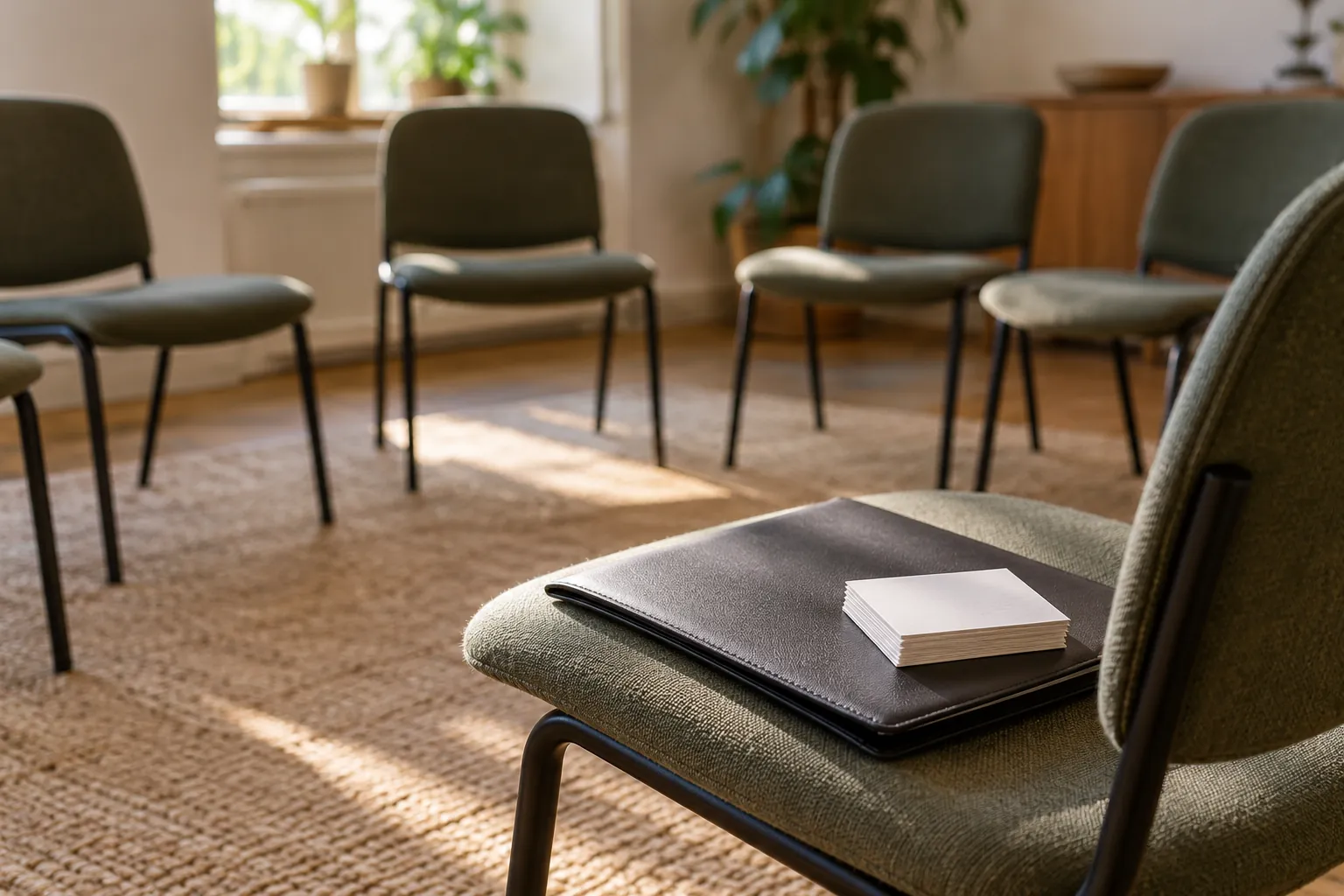 Illustration: A portfolio and blank feedback cards in an empty critique circle.