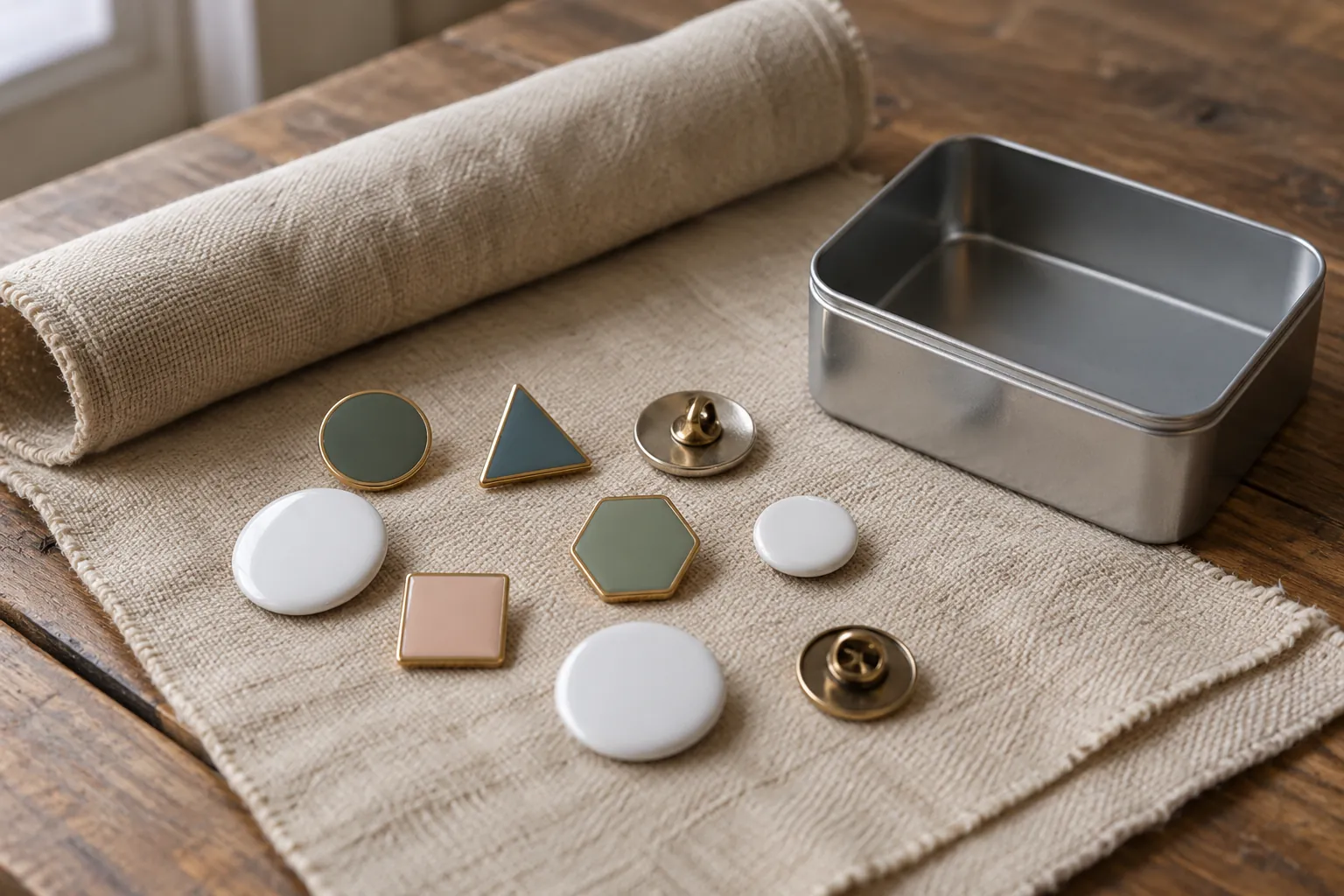 Illustration: Geometric enamel pins and blank badges on a fabric roll.