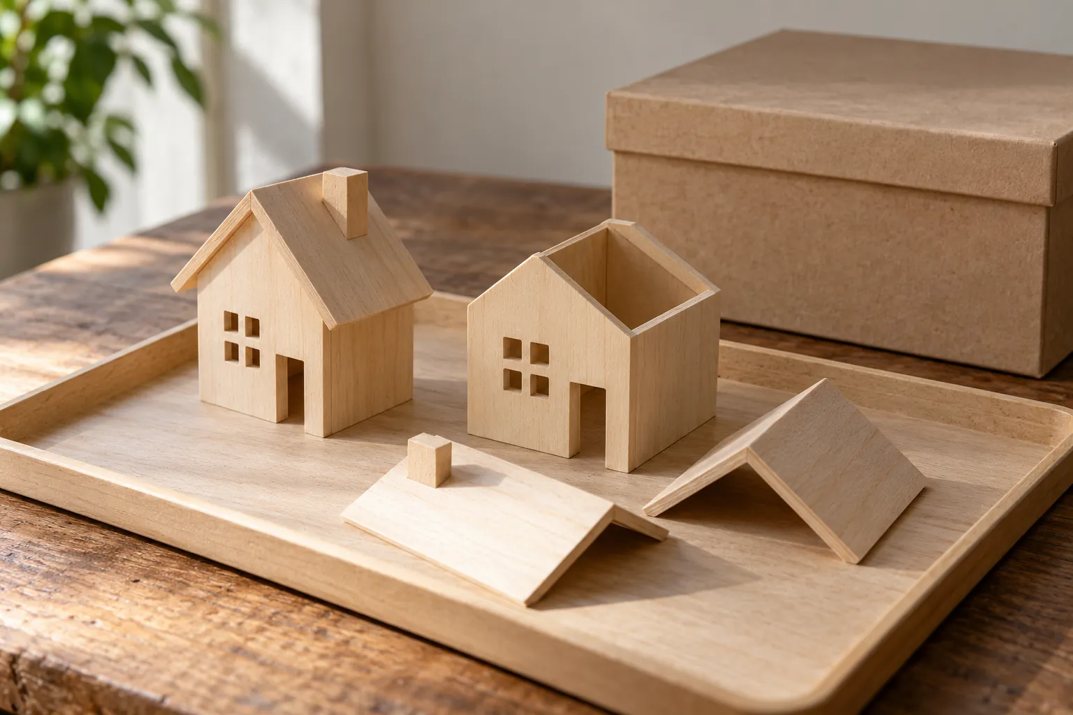 Illustration: Unfinished wooden model houses and loose pieces on a tray.