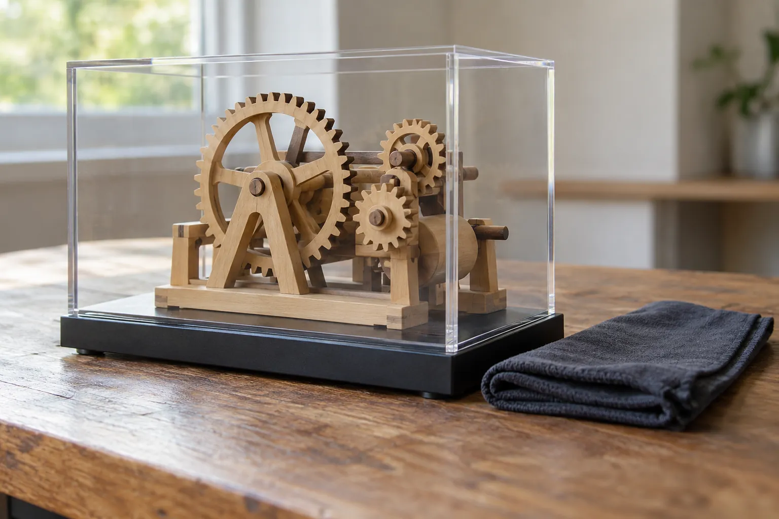 Illustration: A small mechanical model in a clear display case.