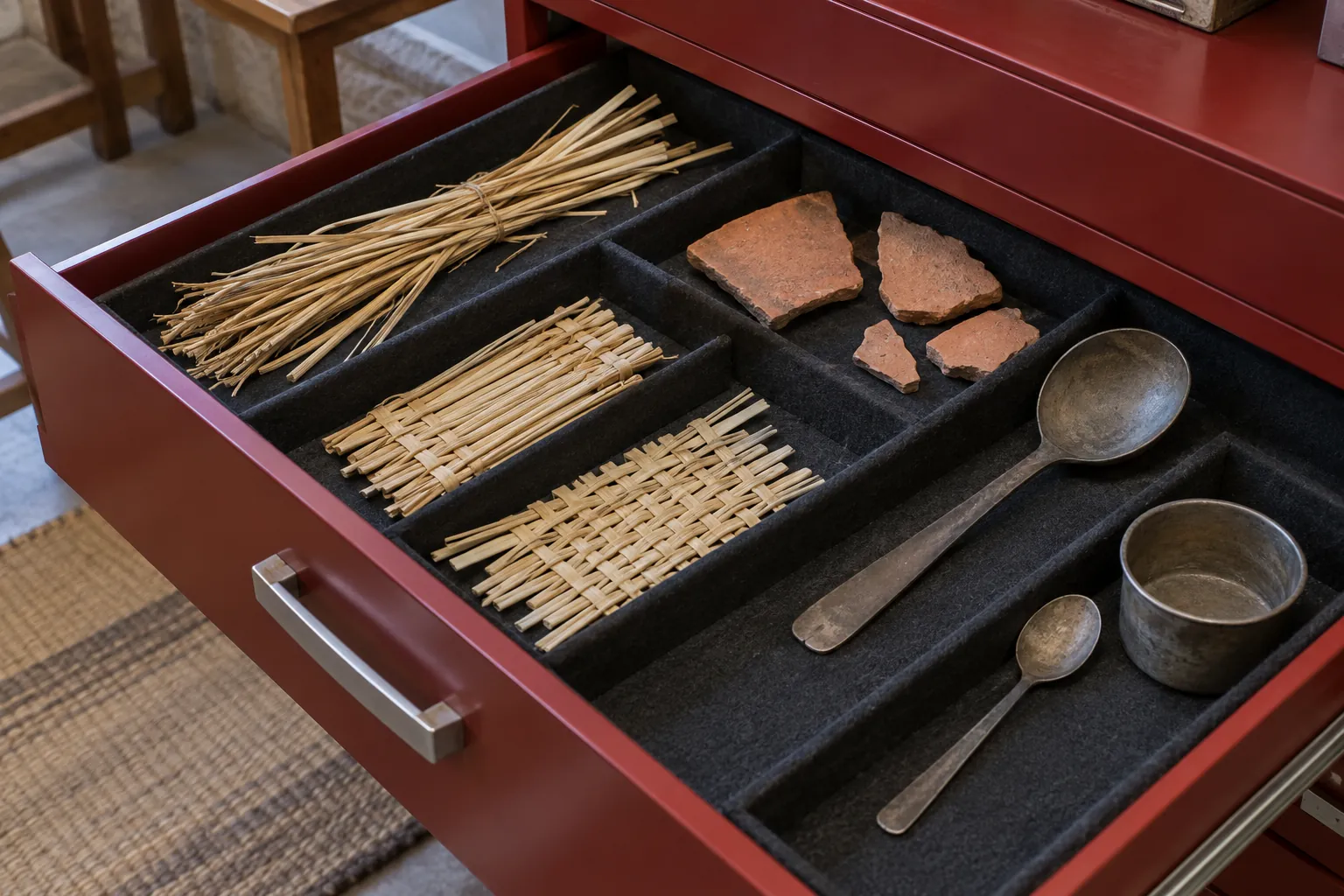Illustration: An open deep-red study drawer holds woven reed samples, terracotta fragments and plain metal utensils in padded compartments.