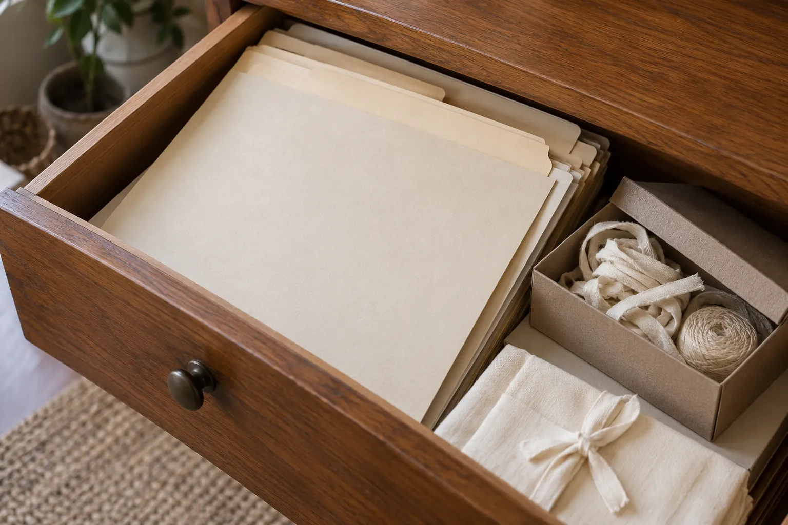 Illustration: Plain archival folders and cotton ties in a wooden drawer.