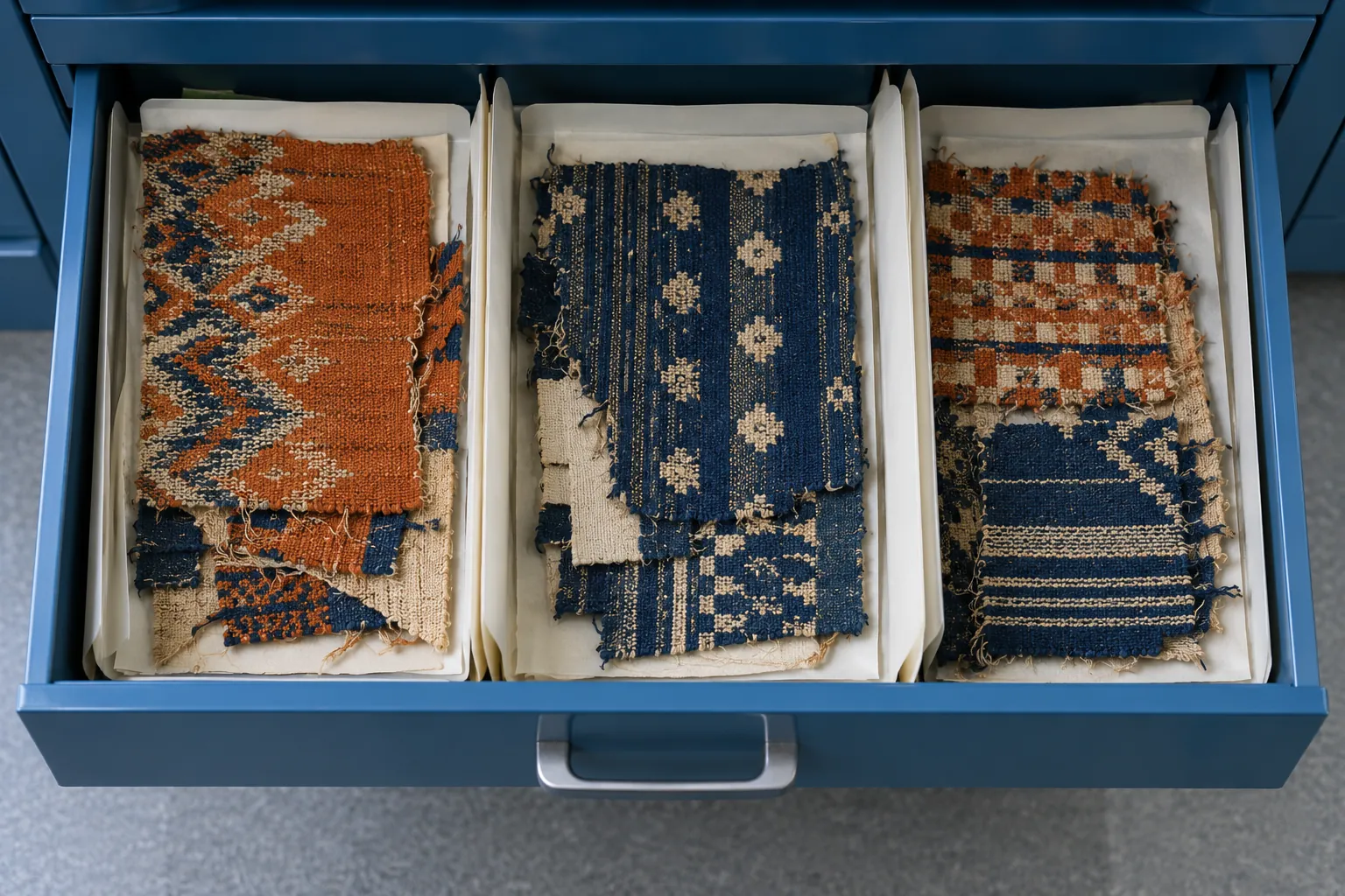 Illustration: An open blue metal archive drawer contains original woven textile fragments in orange, indigo and white, divided by plain archival folders, photographed overhead in cool light.