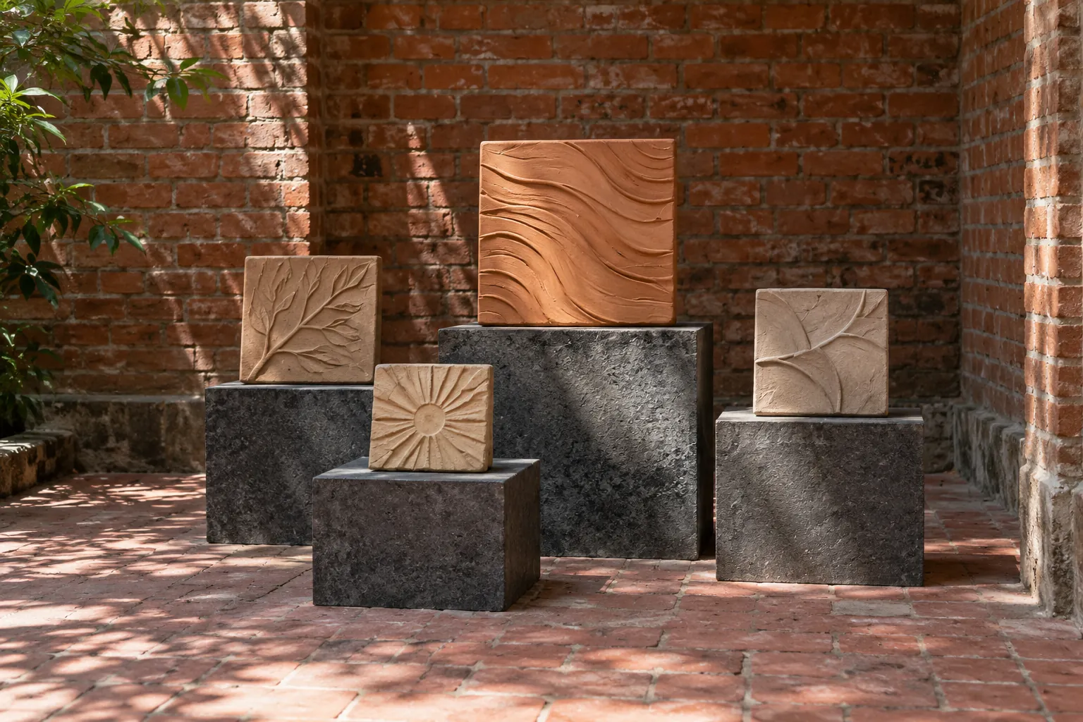Illustration: A small display of original clay relief patterns rests on dark stone plinths in a shaded brick courtyard alcove, shown wide with red paving and no borrowed cultural motifs.