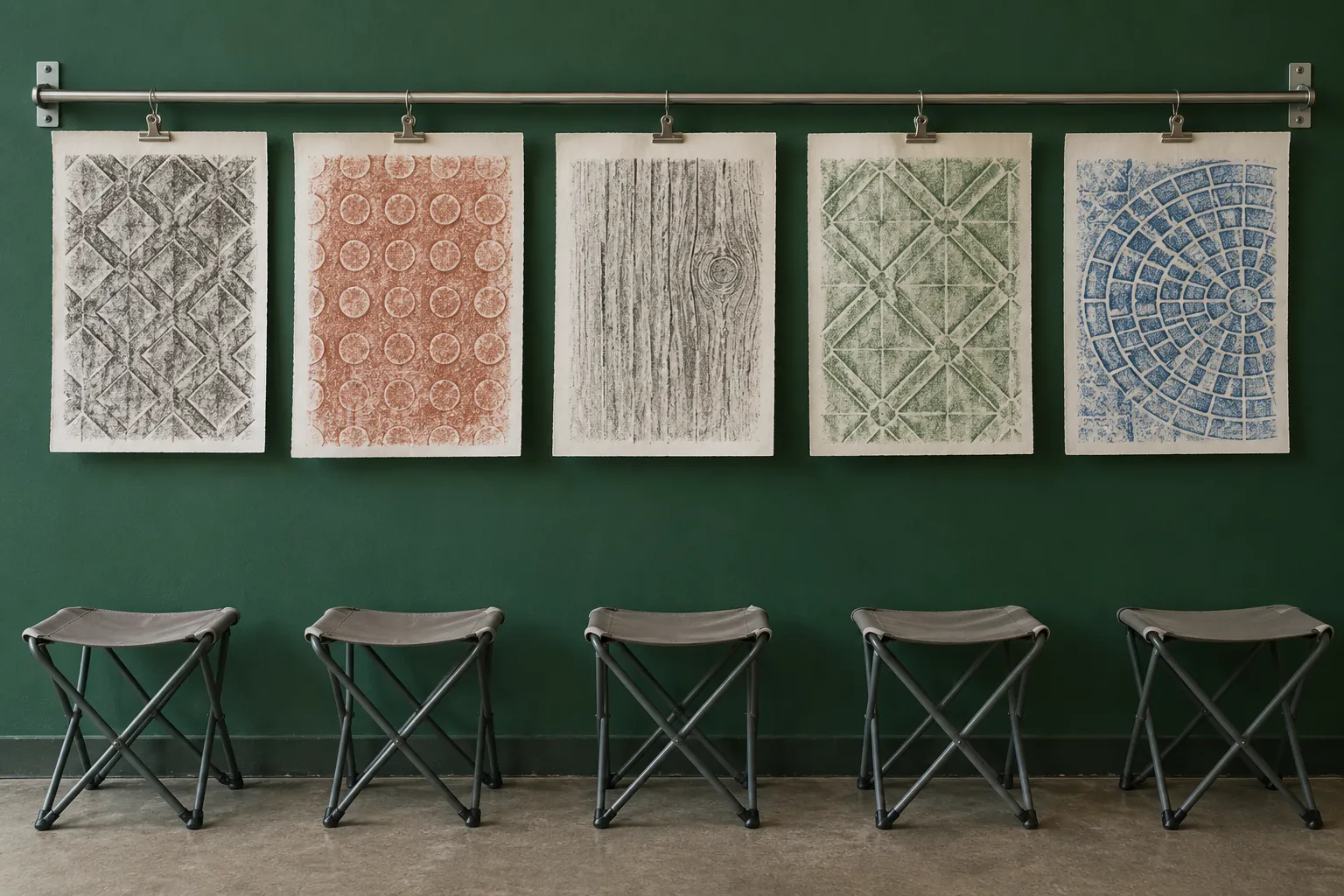 Illustration: Plain paper rubbings showing original geometric textures hang from a steel rail against a deep green community-center wall, with empty folding stools below, viewed frontally.