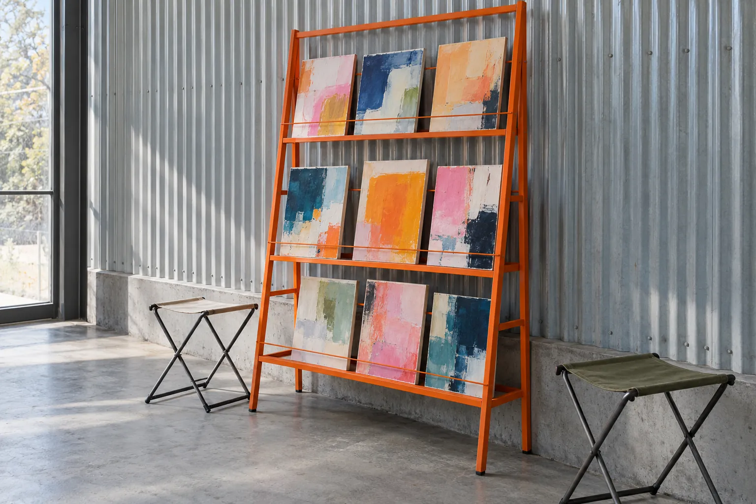 Illustration: A tall orange display rack holds original abstract colour studies against a corrugated steel wall.
